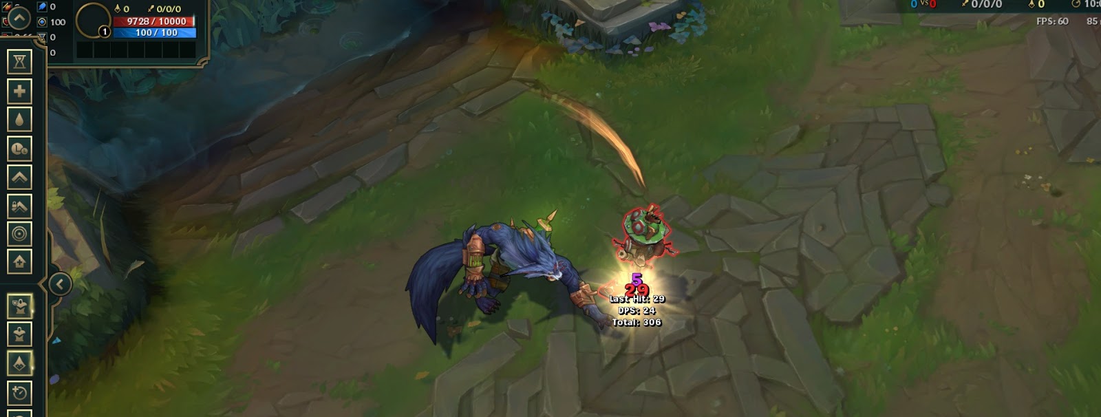 Tấn công hình nộm sẽ hiển thị rõ ràng last-hit, sát thương theo thời gian (DPS) và tổng lượng sát thương gây ra