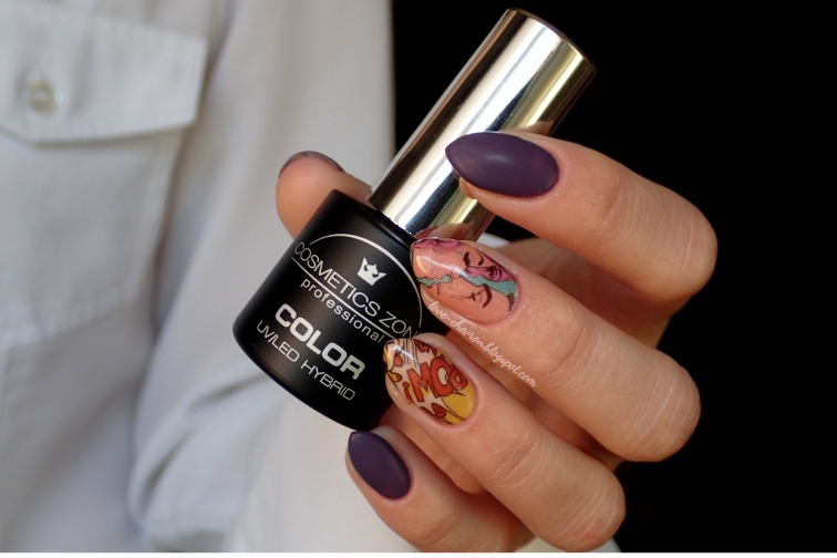 Manicure hybrydowy | Cosmetics Zone 217 Blueberry Jam | naklejki wodne | pop art Zdobienie na hybrydzie Cosmetics Zone