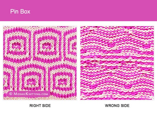 Mosaic Knitting. 2 Colour Slipped Stitch Pattern. Right side vs wrong side of the Pin Box stitch.