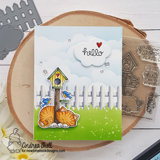 Sweet Hello Card by Andrea Shell | Netwon's Birdhouse Stamp Set, Land Borders Die Set, Fence Die Set, and Speech Bubbles Die Set by Newton's Nook Designs #newtonsnook #handmade