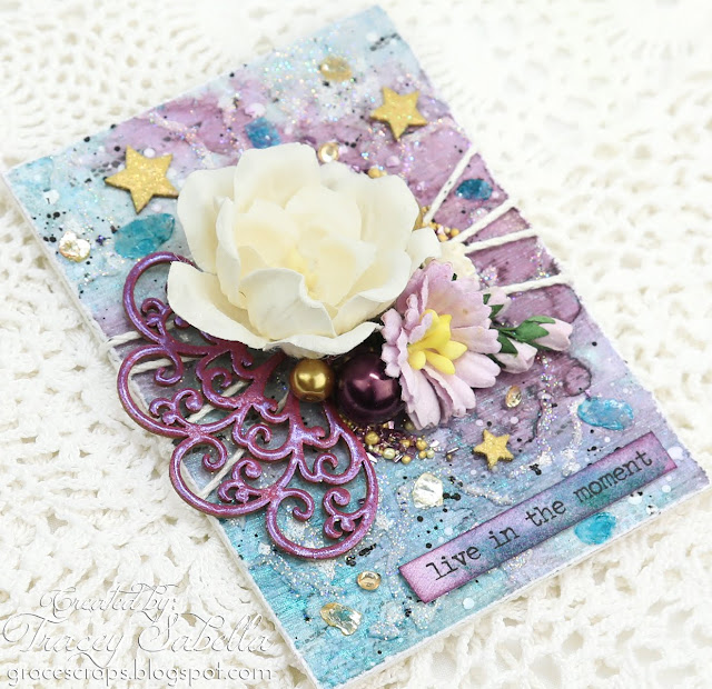 Shimmery Mixed Media ATC’s with process VIDEO TUTORIAL by Tracey Sabella for Scrap & Craft: #artisttradingcard #artisttradingcards #mixedmedia #mixedmediacard #shabbychic #papercrafting #flowercard #chipboard #lindysgang #lindysstampgang #Finnabair #Primamarketing #wildorchidcrafts #helmar #usartquestprills #scrapiniec #timholtz #rangerink #artanthology #stampendous #glitter