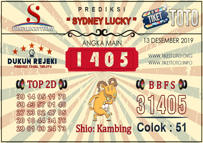 Prediksi Togel SYDNEY LUCKY TIKETTOTO 13 DESEMBER 2019