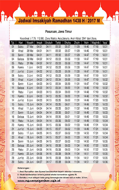 Jadwal Imsakiyah Pasuruan Ramadhan 1438 H