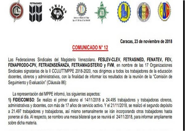 Comunicado 12:La representación del MPPE informó, los siguientes aspectos: FIDEICOMISO, JUBILACIONES Y TABULADOR Comunicado 12:La representación del MPPE informó, los siguientes aspectos: FIDEICOMISO, JUBILACIONES Y TABULADOR