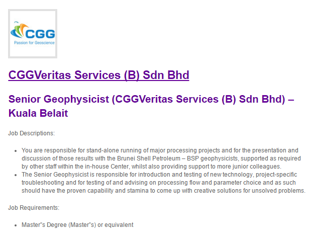 Oil Gas Vacancies Senior Geophysicist Cggveritas Services B Sdn Bhd Kuala Belait