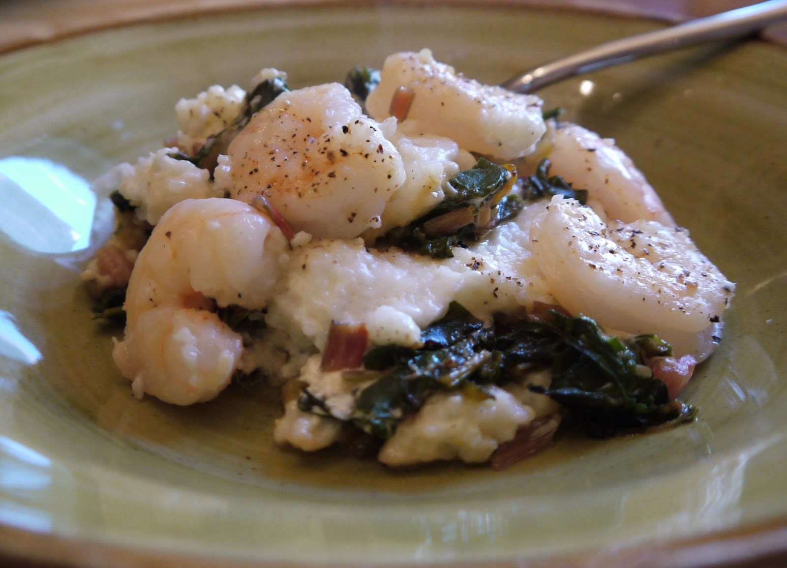 Carpe Furca Baked Shrimp and Grits with Swiss Chard