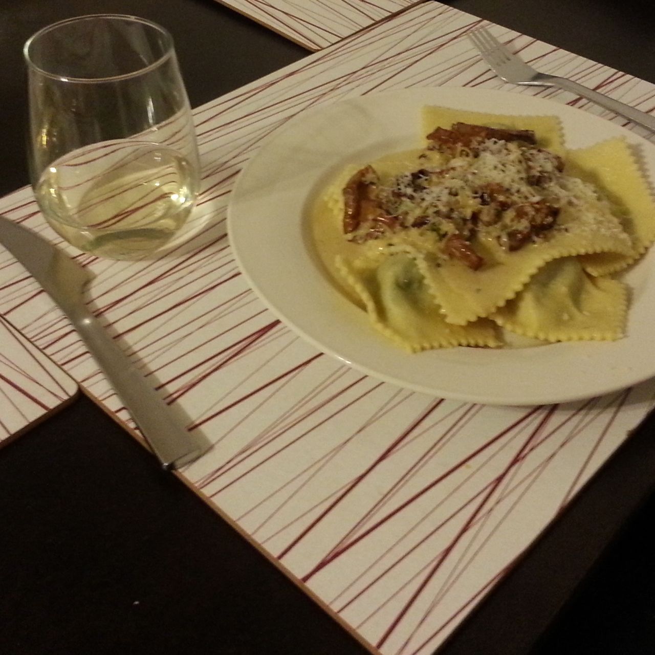 choke, artichoke mustard ravioli with chanterelle creme sauce