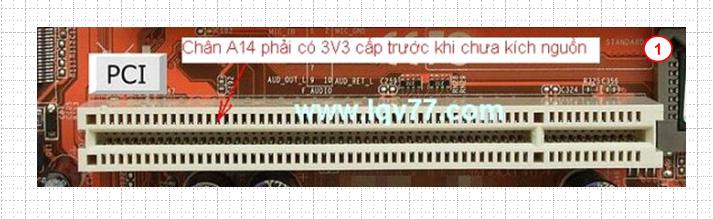 - Check 3V3 at A14 pin PCI slot (see picture).