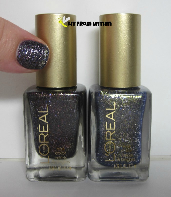 Bottle shot:  L'Oreal Gold Dust textured polishes Sexy In Sequins and Too Dimensional?