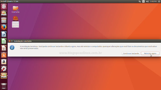 Ubuntu instalado, clique em "Reiniciar" para (obviamente) reiniciar o seu computador
