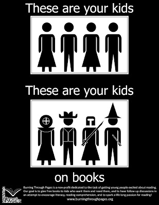 Simple black and white poster with 4 pictographic figures These are your Kids, then same 4 figures as wizards, deep sea divers, cowboys, or knights and headline These are your kids on books