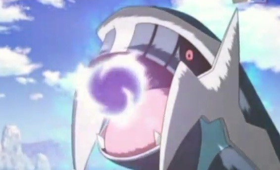 low res anime frame of Dialga charging up a beam shown as a purple orb floating in its mouth