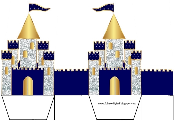 Corona Dorada en Azul y Brillantes: Caja con Forma de Castillo para Recuerdos de Bodas para Imprimir Gratis. 