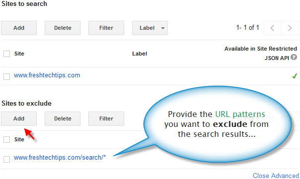Site exclusion setting within CSE dashboard.