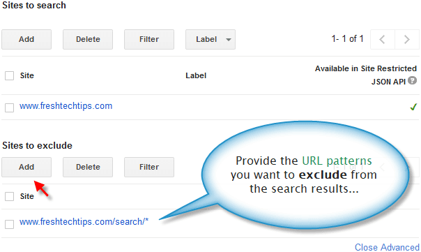 Site exclusion setting within CSE dashboard.