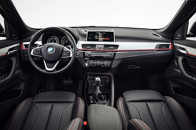 BMW X1 xDrive25i - Sport Line - Dakota leather Black with perforation and Red stitching - Interior trim, Fine Brushed Aluminium with Coral Red accent