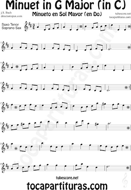  Partitura del Minueto en Do Mayor (para duo de piano) de Bach para Saxofón Soprano y Saxo Tenor  Minuet in C Major Sheet Music for Soprano Sax and Tenor Saxophone by Bach Music Scores