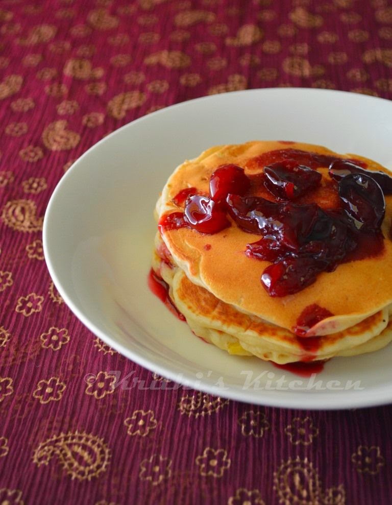 Krithi's Kitchen Peach Buttermilk Pancakes (eggless) with Cherry Compote Breakfast Recipes