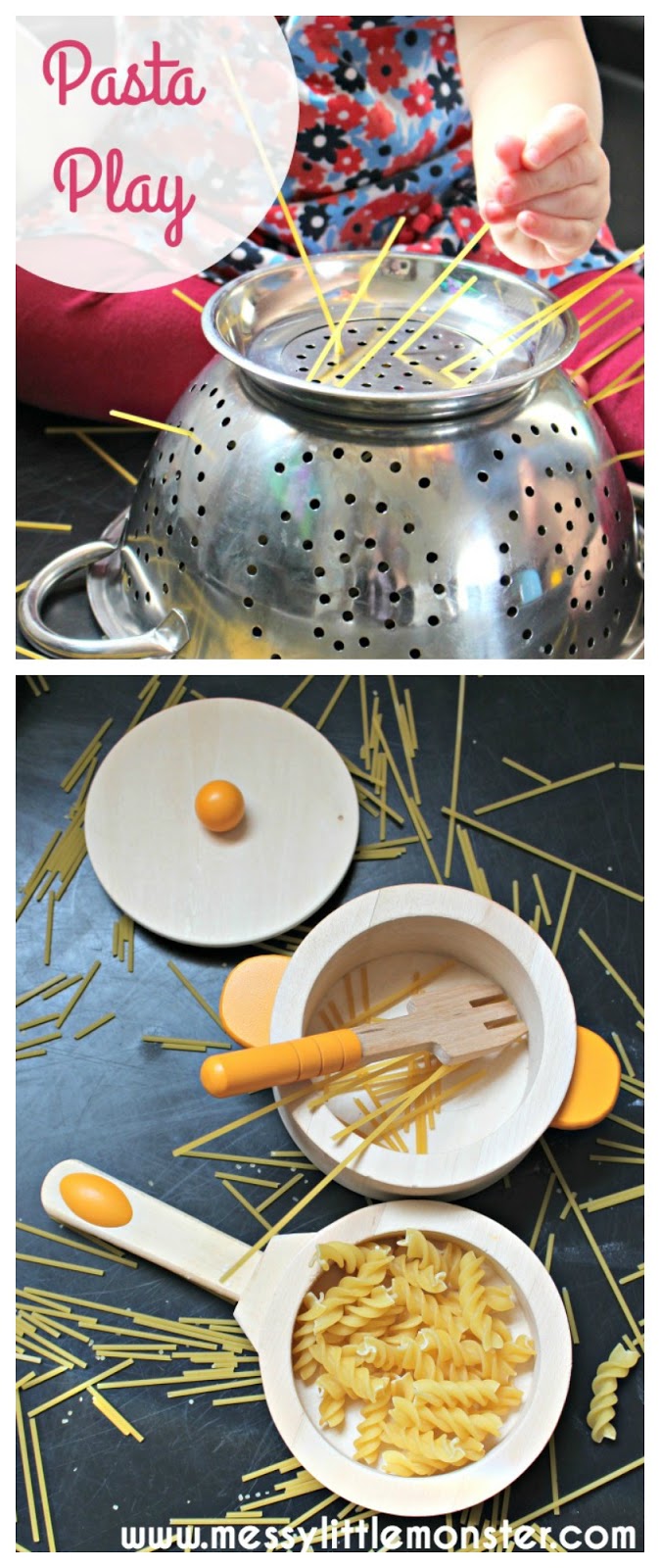 Pasta play -  Simple play activity ideas for toddlers and preschoolers. Use pasta and spaghetti to work on fine motor skills.