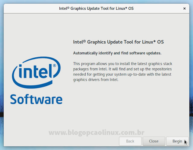 Tela inicial do Intel Graphics Update Tool for Linux* OS