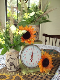 Eclectic Red Barn: Burlap wrapped vases, old scale and sunflowers
