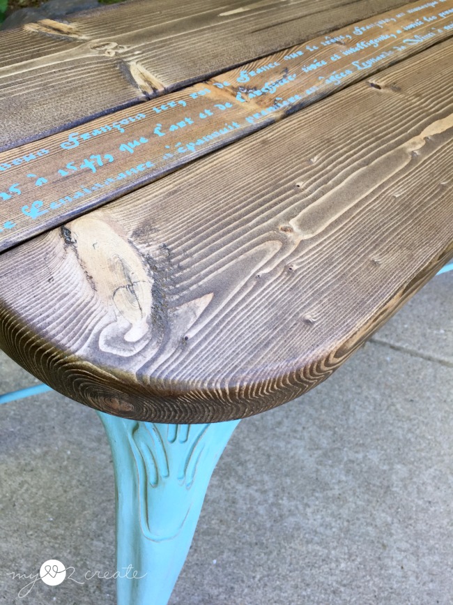 French Bench from Repurposed Barstool Legs, full picture tutorial at MyLove2Create