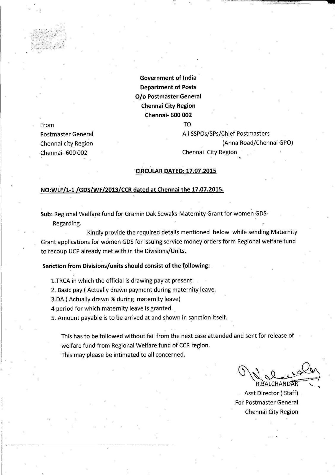 ALL INDIA POSTAL EMPLOYEES UNION GDS (NFPE) GDS Maternity Grant