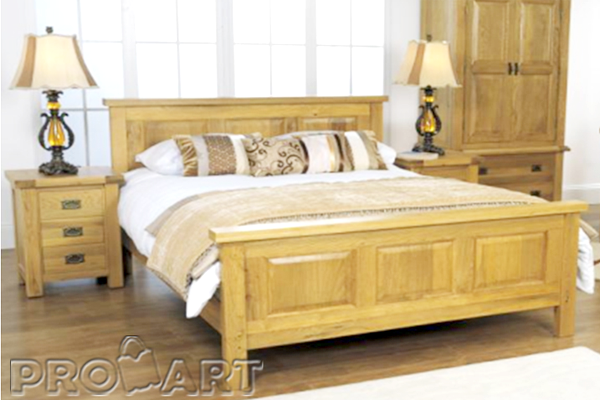 Giường cưới, Giường đôi gỗ sồi kiểu Rustic, pano 3 khoang, đuôi cao 1m6