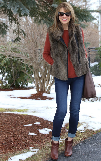 Faux fur vest and cozy sweater - The Midlife Fashionista