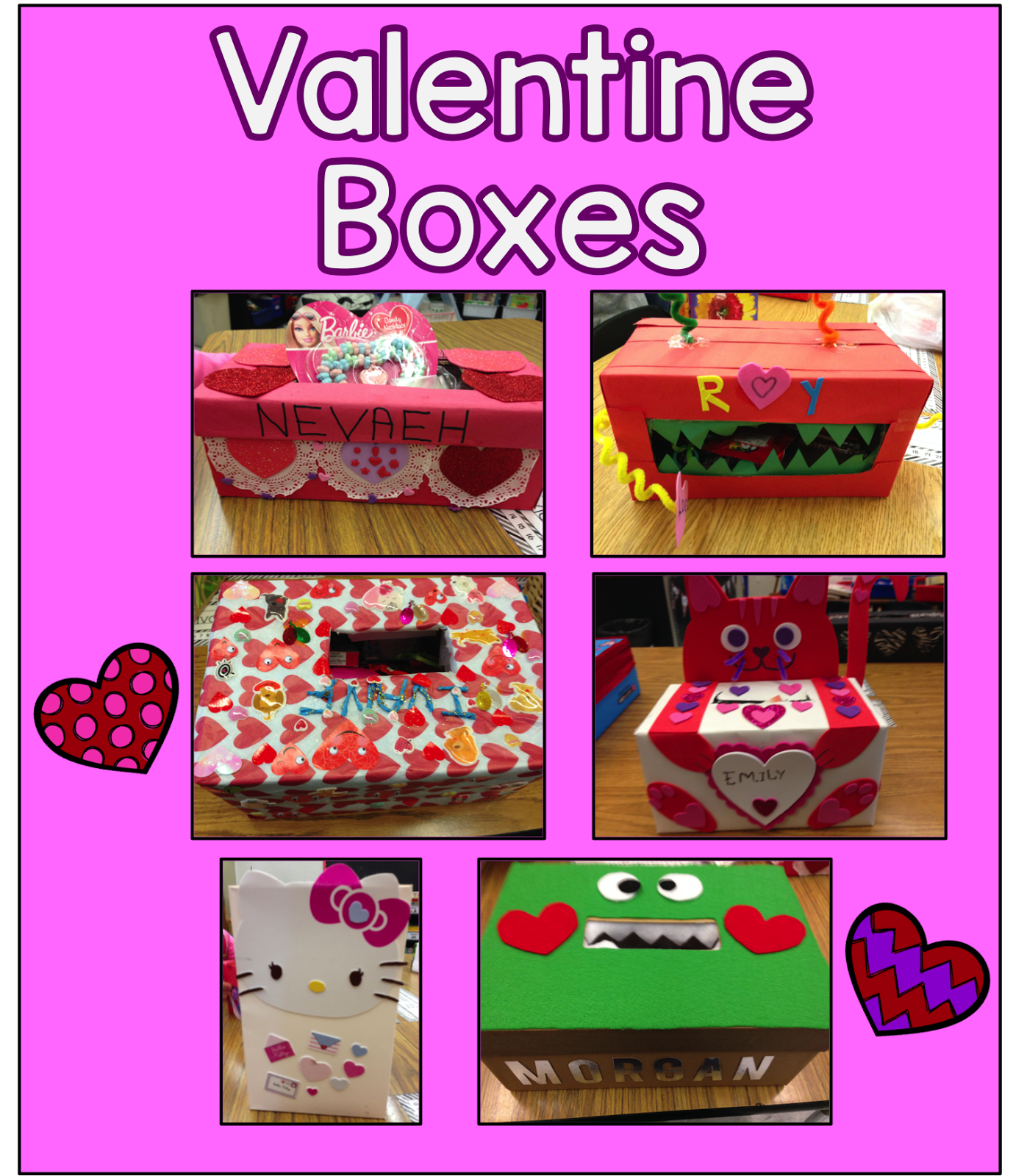 Valentine Box Project. Let your students create a Valentines box at home with their family.  Use this Take home letter to explain the project and see just how creative your students can be.