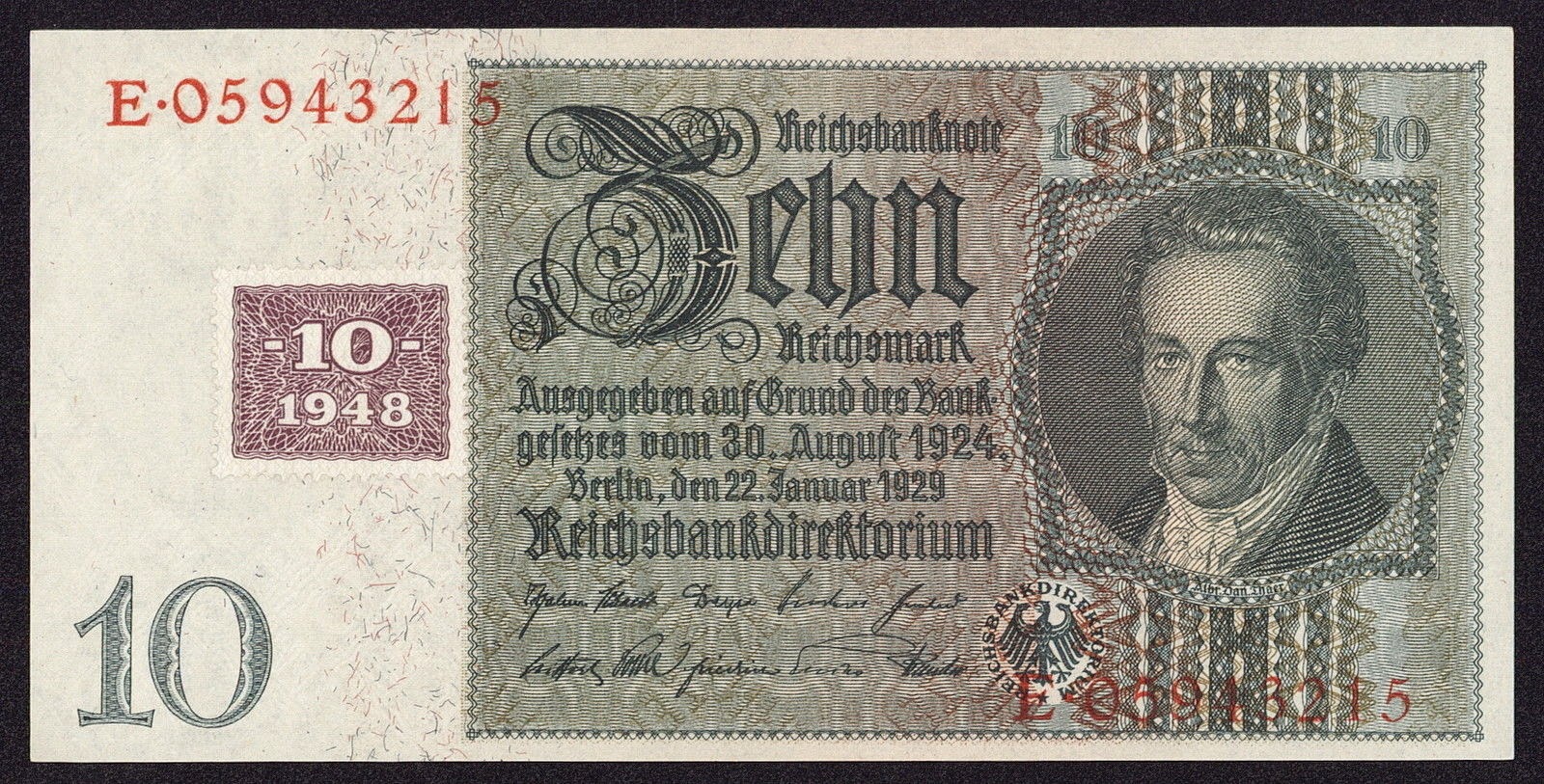 Germany 10 Reichsmark banknote 1929 Albrecht Daniel Thaer 1948 DDR
