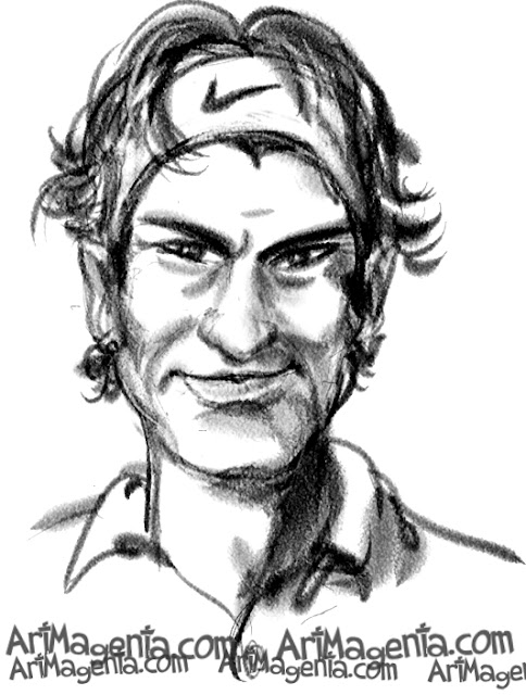 Roger Federer caricature cartoon. Portrait drawing by caricaturist Artmagenta