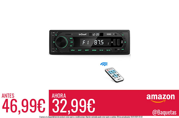 Autoradio Bluetooth Coche RDS Estéreo ieGeek, Luz de Botón 7 Colores, 60W X 4 Soporta FM/AM/AUX/MP3