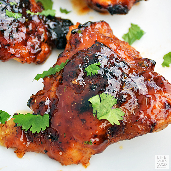 Chili Rubbed Chicken with Apricot Glaze | by Life Tastes Good is rubbed with a spicy mixture of dry seasonings and then basted with a tangy sweet apricot barbecue sauce. It is a quick and easy recipe to make any night of the week, but will impress if you have guests for dinner too! #RHFood #LTGRecipes
