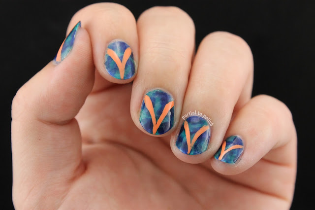 Blue Sheer Marble with Peach Curved Lines Featuring Some OPI Color Paints; Turquoise Aesthetic and Indigo Motif