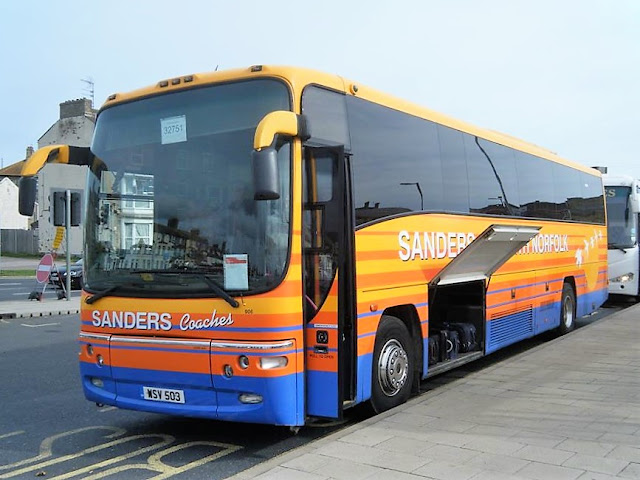Sanders Coaches' Plaxton Paragon bodied Volvo B12M WSV503 awaiting its next duty at Lowestoft Station Sanders Coaches' Plaxton Paragon bodied Volvo B12M WSV503 awaiting its next duty at Lowestoft Station