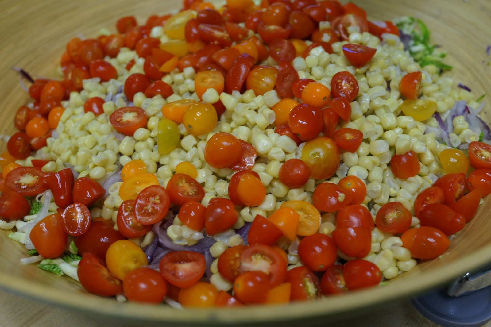 Zucchini Corn Tomato Salad with Avocado Lime Dressing