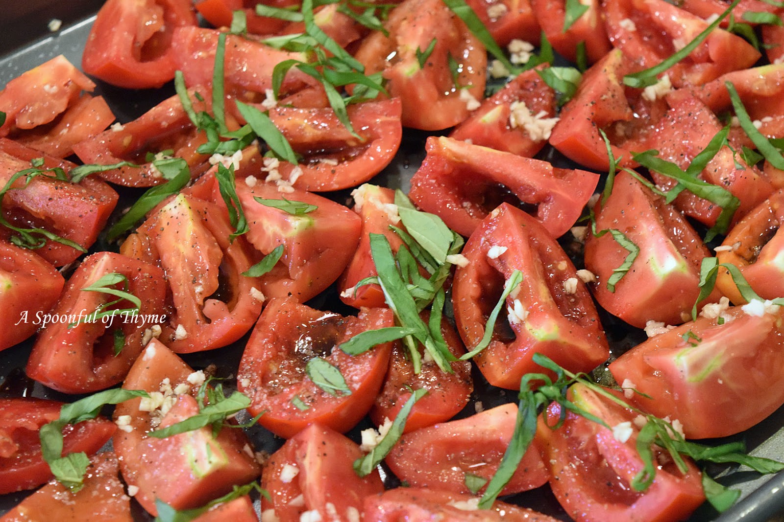 A Spoonful of Thyme Roasted Tomatoes with Balsamic Vinegar and Fresh Basil