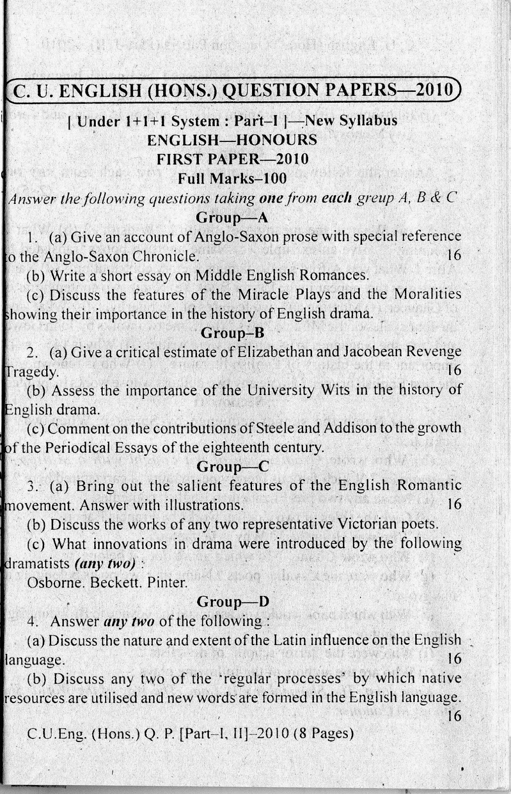 C.U. ENGLISH HONOURS QUESTION PAPER 2010 [First Paper] The Wise Notes