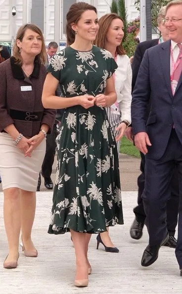 Kate Middleton wore Rochas Floral Printed Silk Crepe de Chine Dress, L.K. Bennett Fern pumps and Monica Vinader Siren Wire Earrings