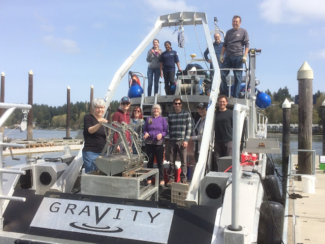Entire team of Ecology sampling crew on a research boat on a sunny day. Puget Sound is in the background.