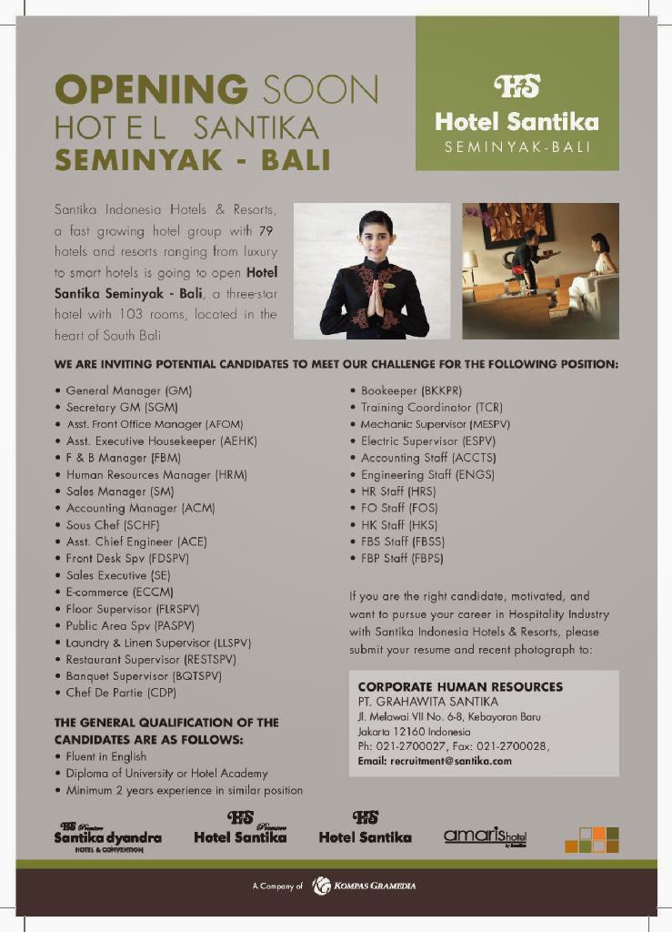 Lowongan Kerja di Hotel Santika Seminyak Bali (Opening Soon) All