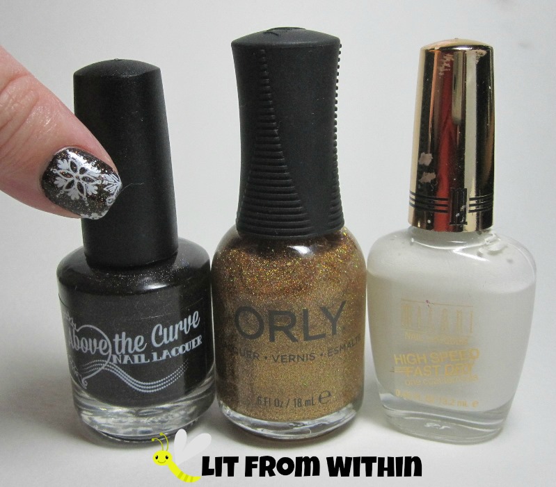 Bottle shot:  Above The Curve Friday the 13th, Orly Bling, and Milani White On The Spot.