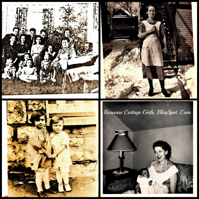 Photo collage of Grandma Cottage's family photos. People gathered around a Christmas tree with children sitting along the floor from the 1940s. A Woman in the 1930s standing outside in the snow in her house dress and apron. She has no coat and is sweeping the snow off of the stairs and walkway with a broom. Two of Grandma's sisters holding hands in the 1910s Grandma holding her first born child. Article is Thanksgiving Recipes by RosevineCottageGirls.com
