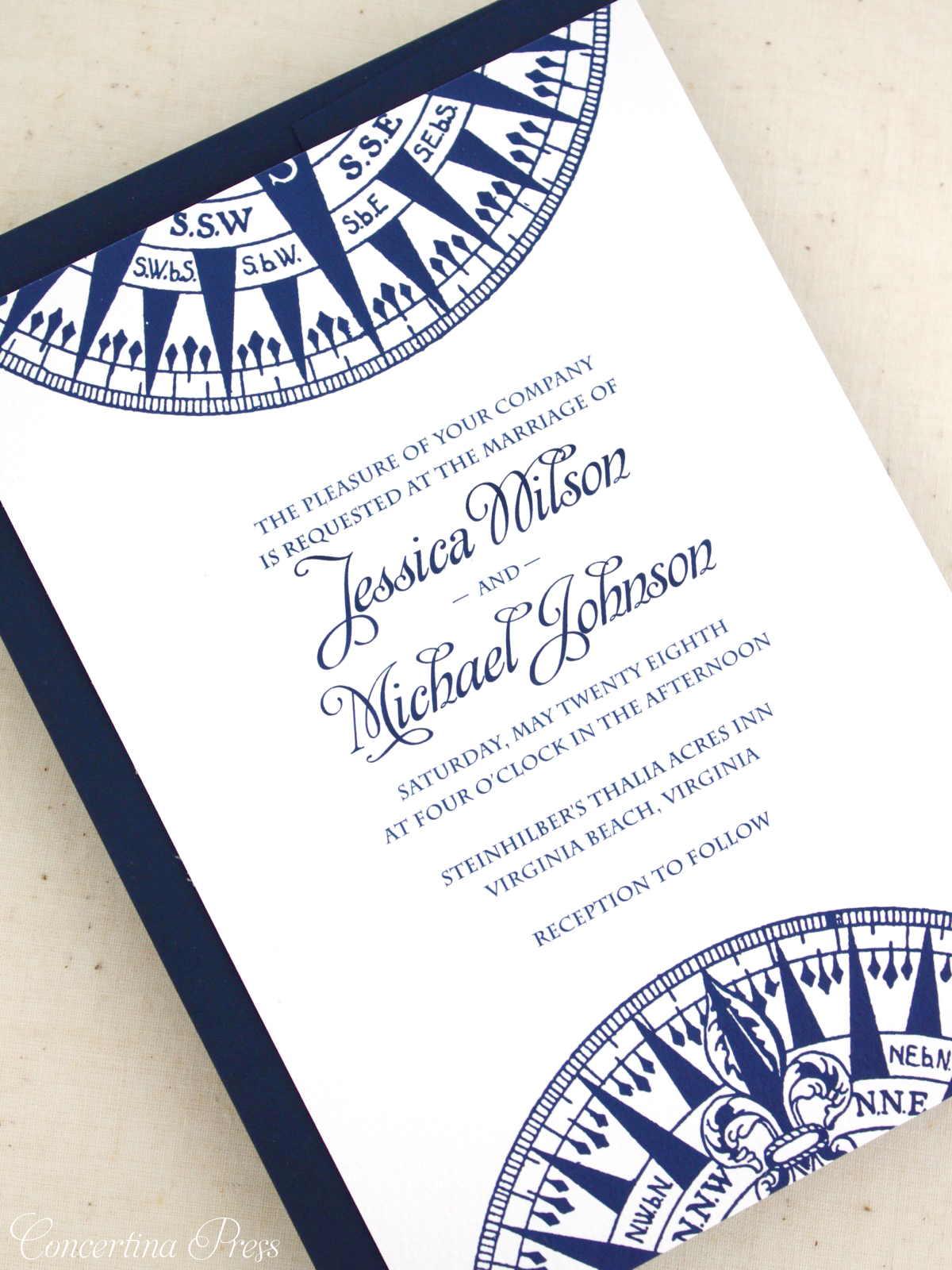 Nautical Wedding Invitations with Compass from Concertina Press in Navy Blue and White