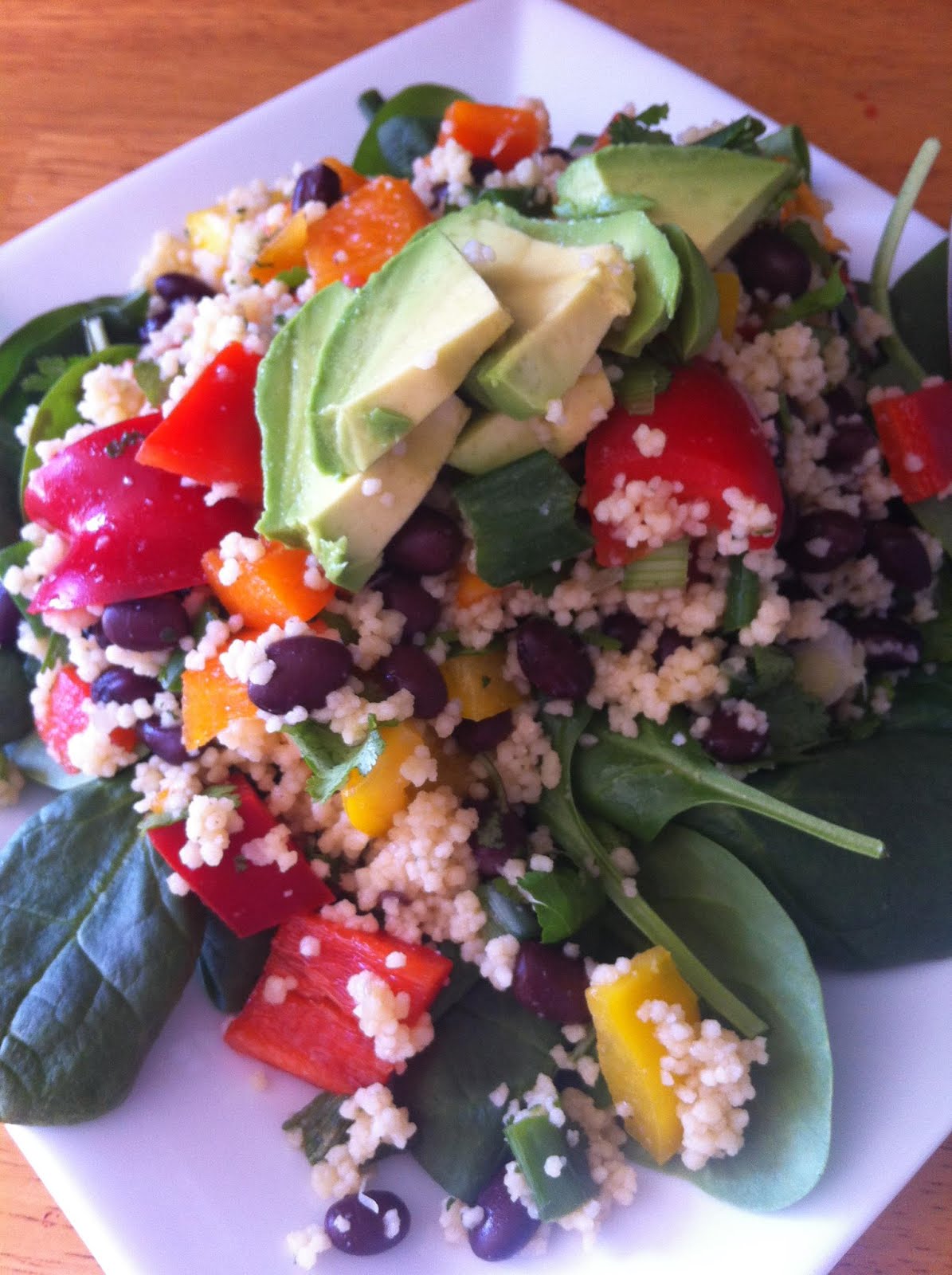 Leave It To Mommy Mexican Couscous Salad Over Baby Spinach