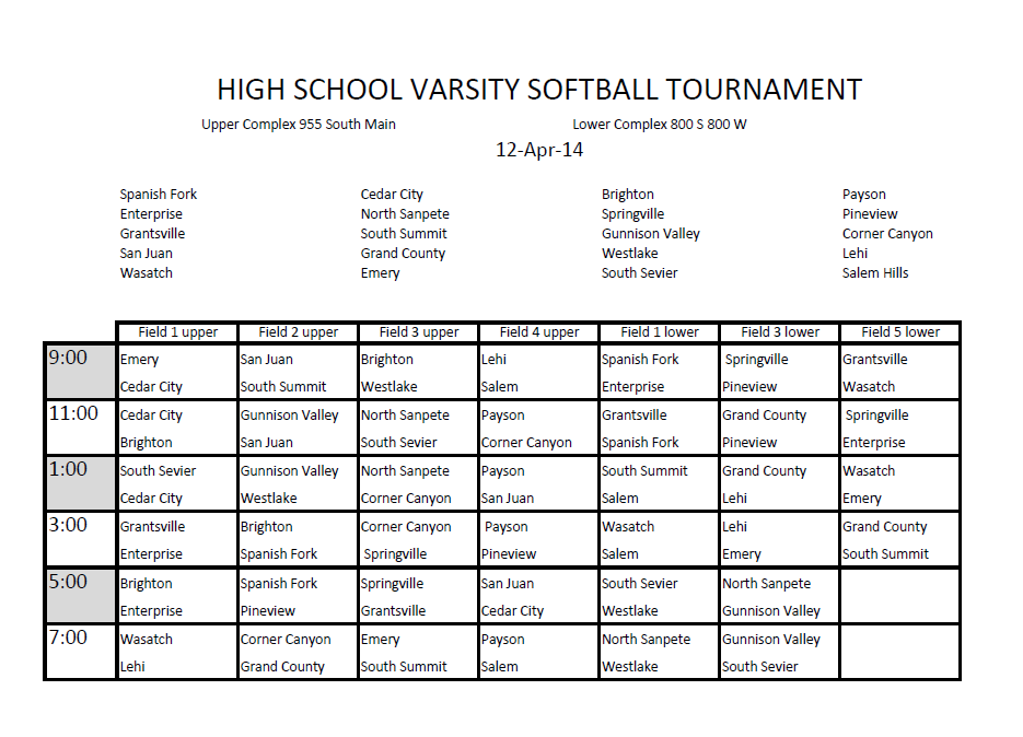 Springville High School Softball: Payson Varsity Tournament Schedule