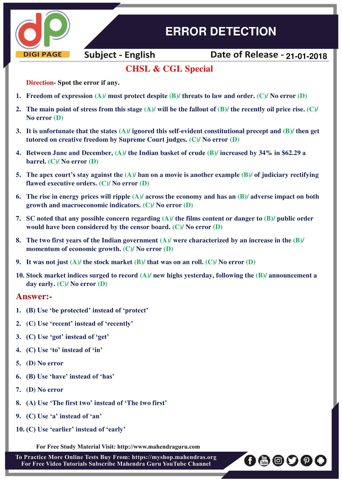 DP | Error Detection For SSC CHSL and CGL Special | 21 - 01 - 18