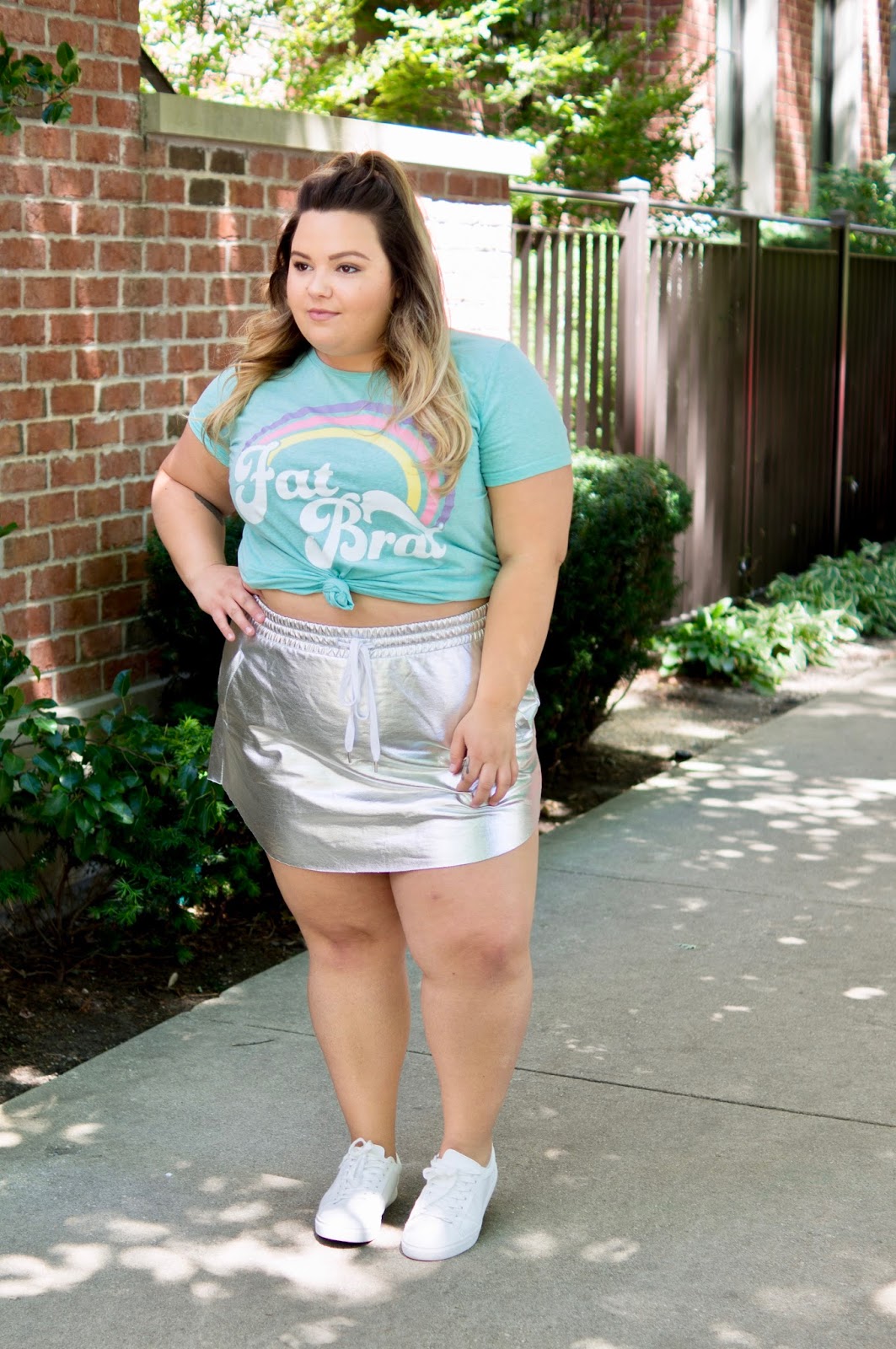 fat acceptance, fat girl flow, corissa, fat brat t-shirt, reclaim fat, fat is not a bad word, natalie in the city, Chicago, plus size fashion blogger, Chicago plus size fashion blogger, scorch magazine, fat and fabulous, curves and confidence, midwest blogger, Chicago fashion, forever 21 metallic skirt