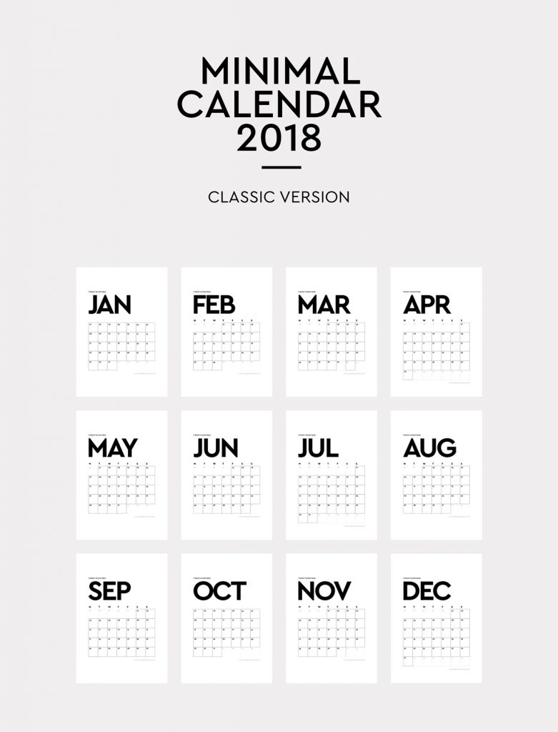 2018 Calendar Minimalist Printable : Calendário minimalista para baixar e imprimir grÁtis 2018 Calendar Minimalist Printable : Calendário minimalista para baixar e imprimir grÁtis